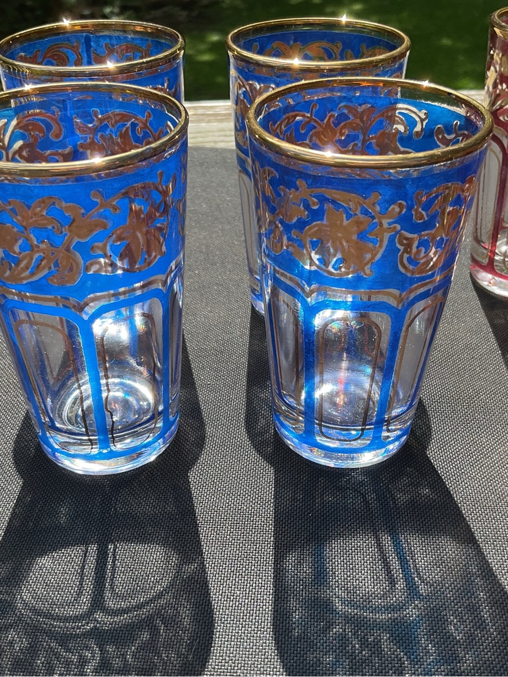 Vintage 9 Hand-Painted Moroccan Glasses - Red, Blue & Green W/ Gold Trim - Picture 2 of 6